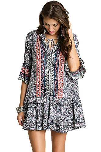 Umgee Womens Printed Mini Bell Baby Doll Boho Peasant Dress Top 3/4 sleeve (S, NAVY / PEACH)