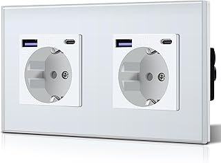 BSEED Steckdose aus Glas mit 20W USB C, Schnellladegerät Wandsteckdose, 3 in 1 Unterputz Steckdosen, Einfache Installation, 240V 16A, 157mm 2 Fach Weiß