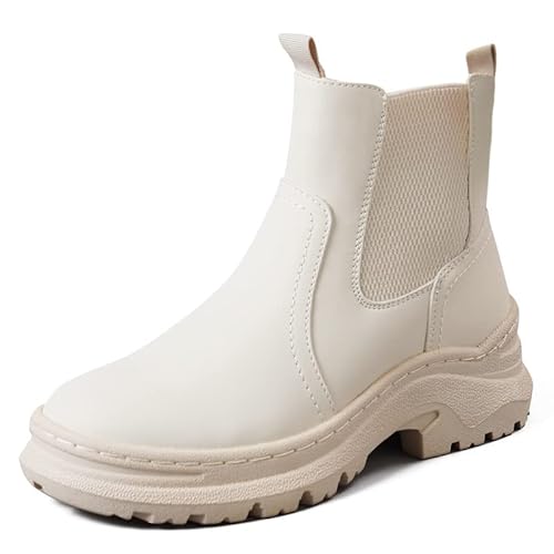 Anjoufemme Ankle Boots For Women Elastic Gore Chelsea Boots Fashion Fashion Platform Chunky Heel Lug Sole Slip On Booties Beige 8.5 #TOP7