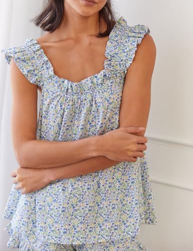 Image of ROAONOCOMO Women Summer Floral Pajama Set Ruffle Trim Cami Top Coquette Pj Set Gingham Babydoll 2 Piece Shorts Outfit