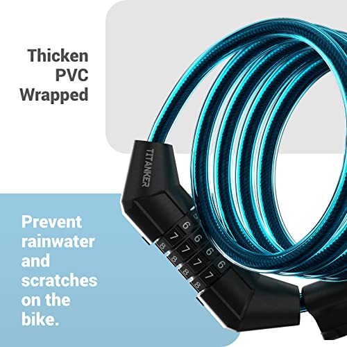 Titanker Bike Lock Cable, 4 Feet Bike Cable Lock Basic Self Coiling Kids Bike Lock Combination With Complimentary Mounting Bracket, 5/16 Inch Diameter (4Ft, Blue-8Mm) #TOP4
