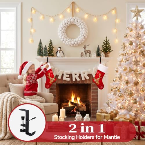 HISFFOG 4 Pack Stocking Holders for Mantle, 2-in-1 Adjustable Christmas Stocking & Garland Hangers with Dual Hooks, No-Drill Metal Fireplace Hooks with Non-Slip Pads, Black - image 4