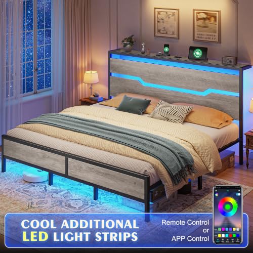 Image of Homkdom King Size Bed Frame with LED Storage Headboard & USB Ports Grey | Underbed Storage for Saving Space, 900 LBS Noise-Free Quiet Sleep Setup for Master Bedroom, Couples & Modern Apartments