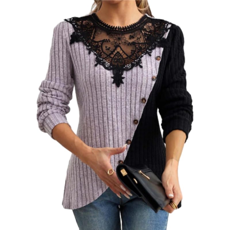 Womens Color Block Ribbed Knit Sweater Lace Neck Long Sleeve Pullover with Asymmetric Button Detail Stylish Fall Top
