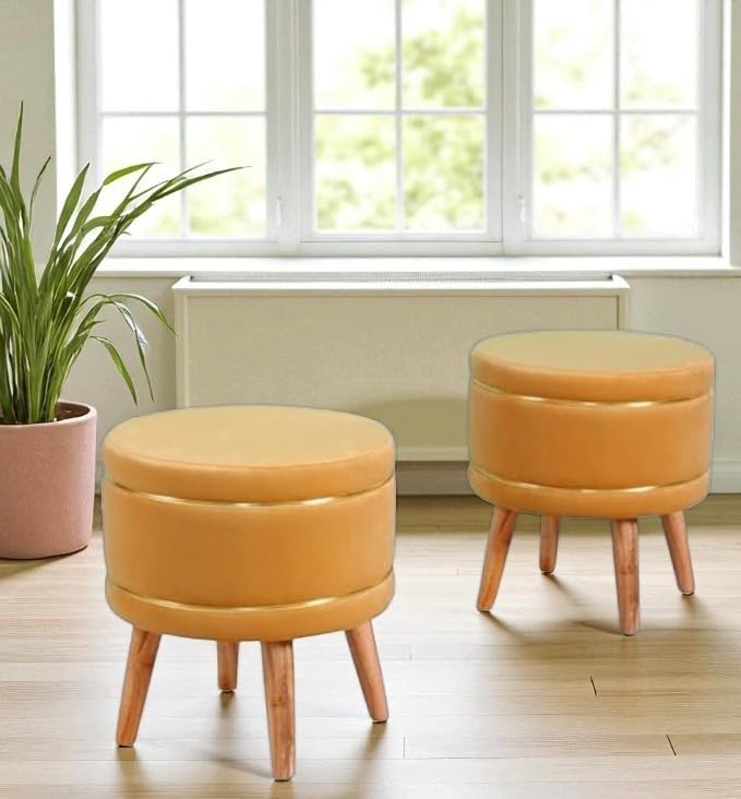 Image of Ottoman Stool for Living Room Foot Rest | Velvet Small Ottoman Foot Stool | Solid Wood Legs | Footstool Puffy for Home, Bedroom & Makeup Table | 16x16x18 Inch, Set of 2 (Beige)