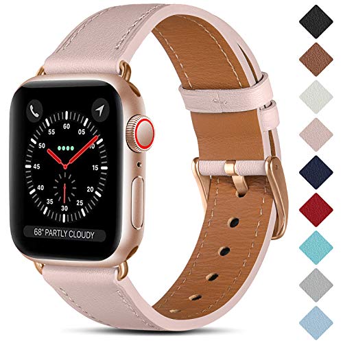 CeMiKa Compatible con Apple Watch Correa 38mm 40mm 41mm 42mm 44mm 45mm 49mm, Correas de Repuesto de Cuero Genuino Compatible con iWatch Series 9 8 7 6 5 4 3 2 1, 38mm/40mm/41mm, Rosado/Oro Rosa