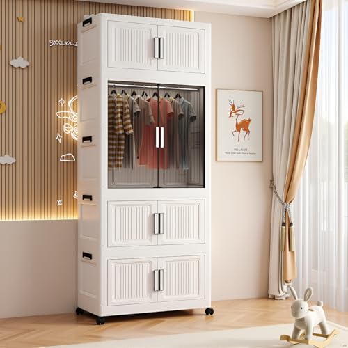 Image of Sunderlook Plastic Wardrobe for Kids Clothes - Standing Desk Premium Comfort Foldable Collapsible Wardrobes for Clothes, Large Plastic Cupboard for Kids, Men and Women (White, 4 Door)