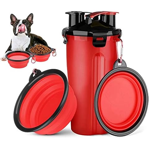 Dog Water Bottle Dog Bowls for Traveling, Vikano Pet Food Container 2-in-1 with Collapsible Dog Bowls, Outdoor Dog Water Bowls for Walking Hiking Travelling (Red) Cover