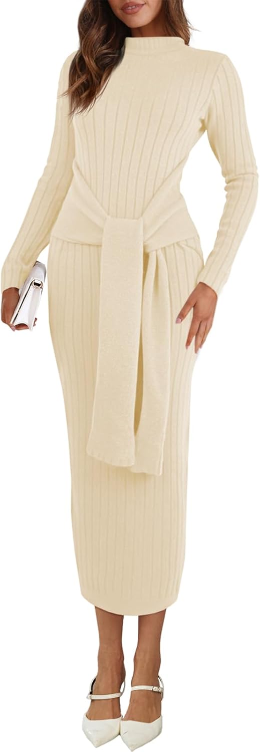 Saodimallsu Womens Long Sleeve Midi Sweater Dress Bodycon Mock Neck Ribbed Knit Tie Waist Fall Long Dresses