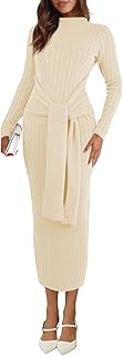 Womens Long Sleeve Midi Sweater Dress Bodycon Mock Neck Ribbed Knit Tie ...