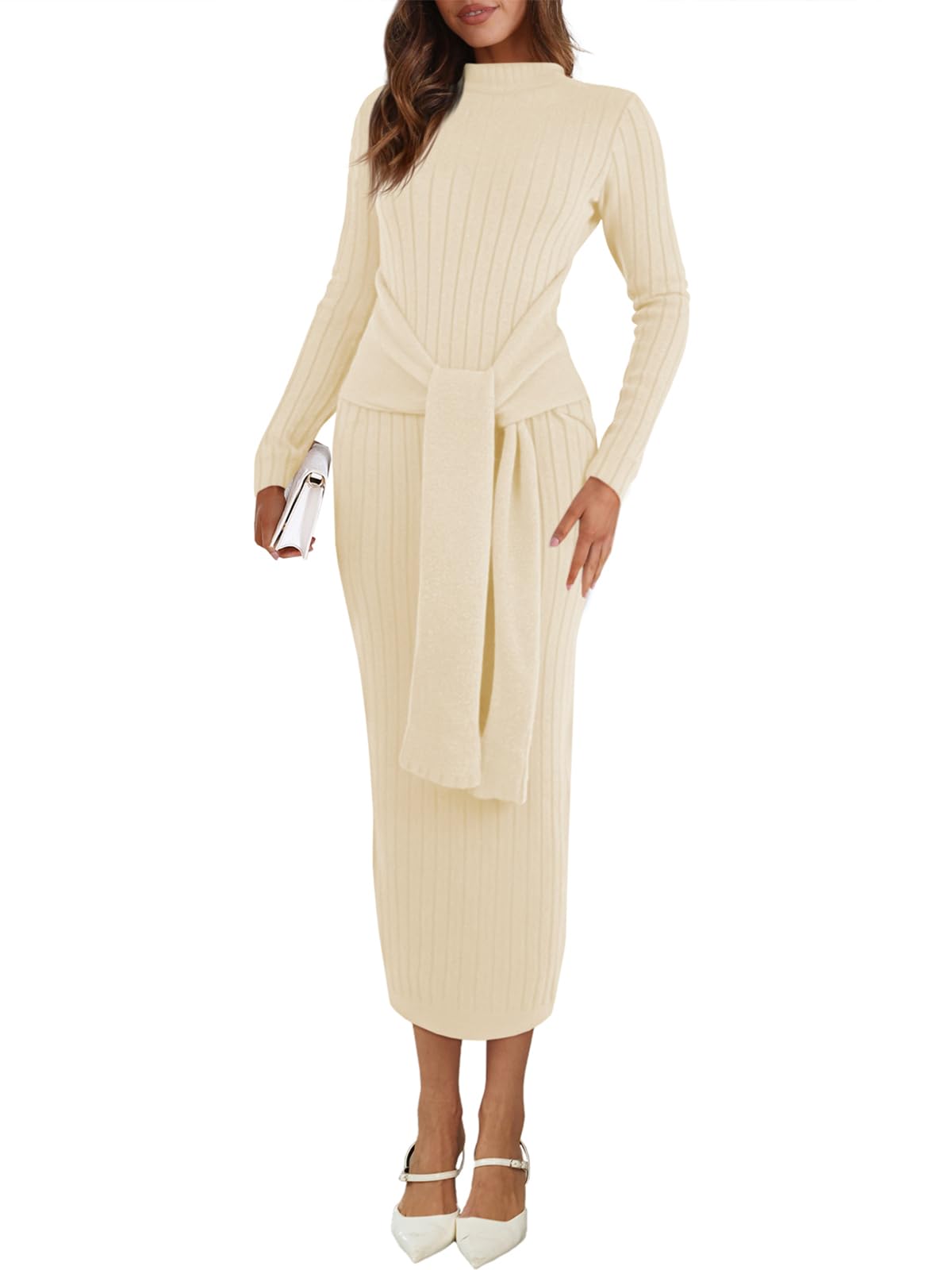 Saodimallsu Womens Long Sleeve Midi Sweater Dress Bodycon Mock Neck Ribbed Knit Tie Waist Fall Long Dresses