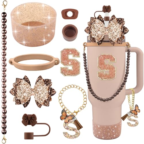 Hpebl 9PCS Brown for Stanley Cup Accessories Set Bling Initials Bow Charms for Stanley Decorations 30/40 Oz Tumbler Accessories Including Bow Straw Topper, Handle Strap, Spill Stopper（Letter S） - image 1