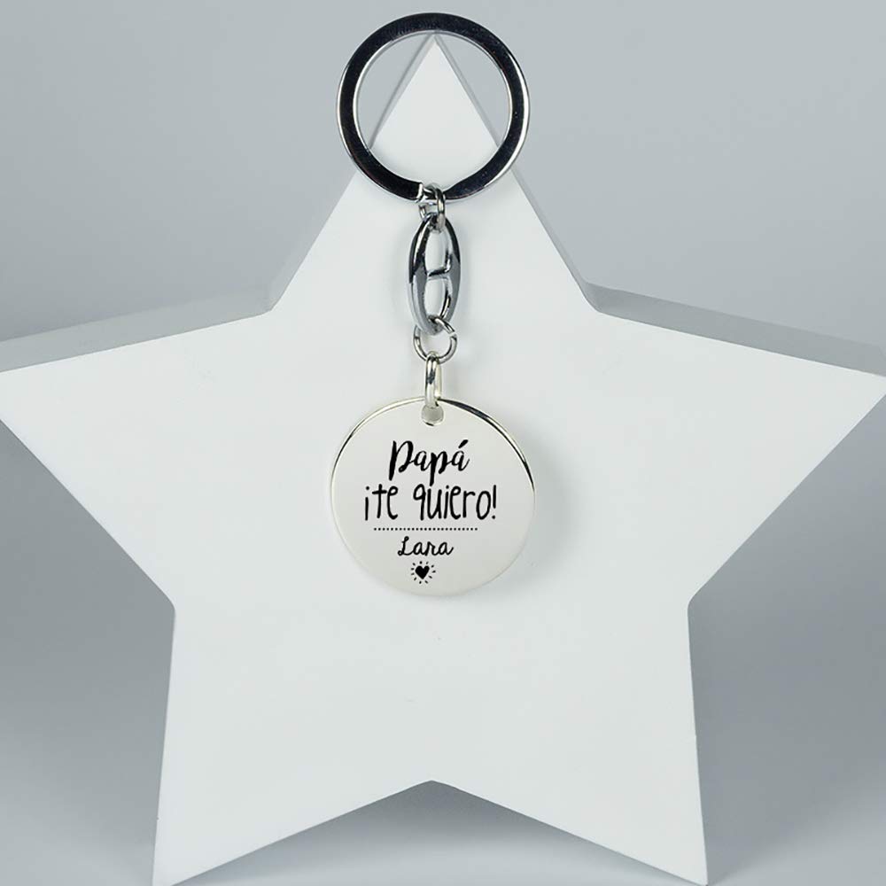 Regalo Personalizado para Padres: Llavero de Plata Redondo 'Papá ¡te Quiero!' Grabado con el Nombre Que tú Quieras