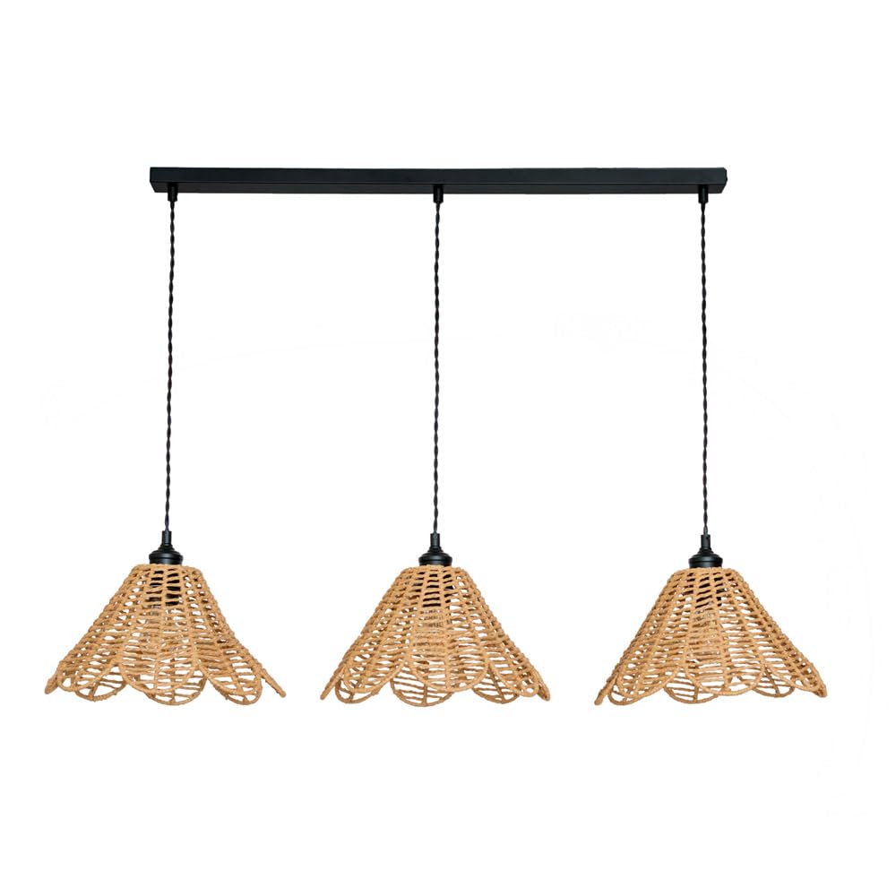 ValueLights Vine Rattan Flower Shade 3 Drop Matte Black Diner Ceiling Pendant Light & Bulbs in Natural