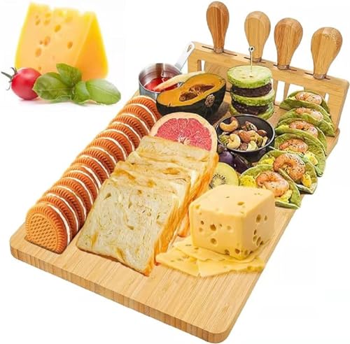 Cheese Board for Charcuterie, Wooden Cheese Tray with Stainless Steel Knives, Crackers, Olives, Fruits for Party, Wedding, Home Decor