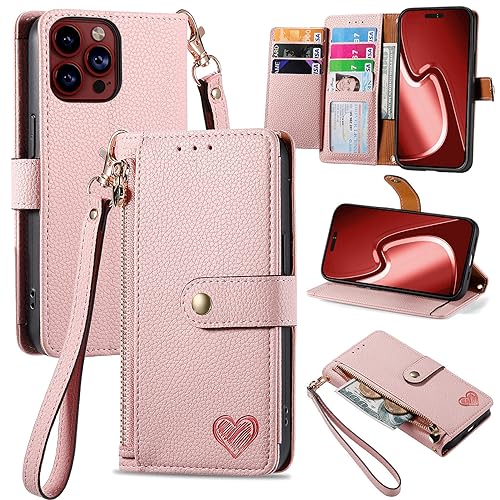 VEEMOS Zipper Wallet Case for Apple iPhone 15 Pro Max Phone Case with Purse Card Holders RFID Blocking Leather Flip Case Book Cover Wrist Strap Women
