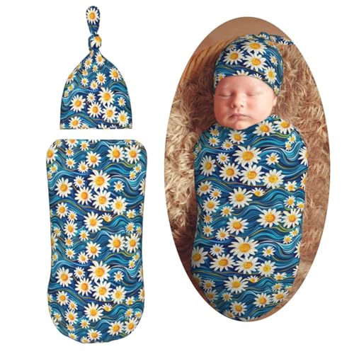 Image of Groovey Waves and Daisies Newborn Swaddle Blankets Hat Sets Soft Baby Receiving Blanket Swaddle Sack for Baby Shower Infant Boy Girl Gift