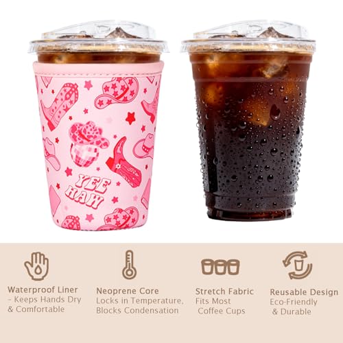 Image of Reusable Insulated Sleeve for Iced Coffee Cup, Coffee Neoprene Sleeve for Cold & Hot Drinks, Beverage Holder for Iced Coffee (Pink Cowgirl, Large: 32oz)