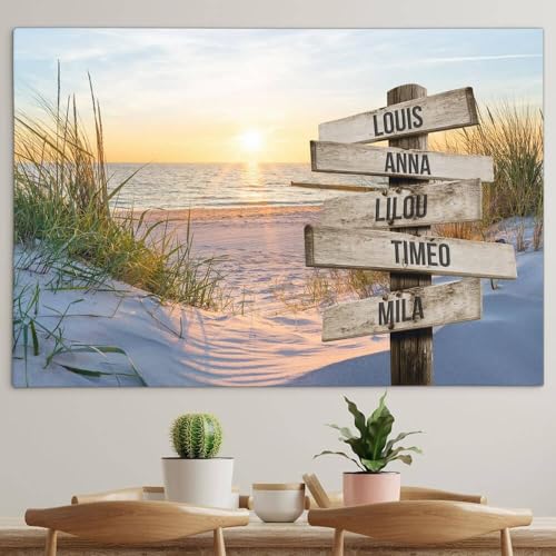Cadeau personnalisé famille toile prénom coucher de soleil sur la plage