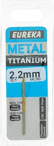 Eureka HSS (High Speed Steel) Titanium for Metal, 2.2mm Size | High-speed steel edge drills mild steel and softer non-ferrous metals cleanly