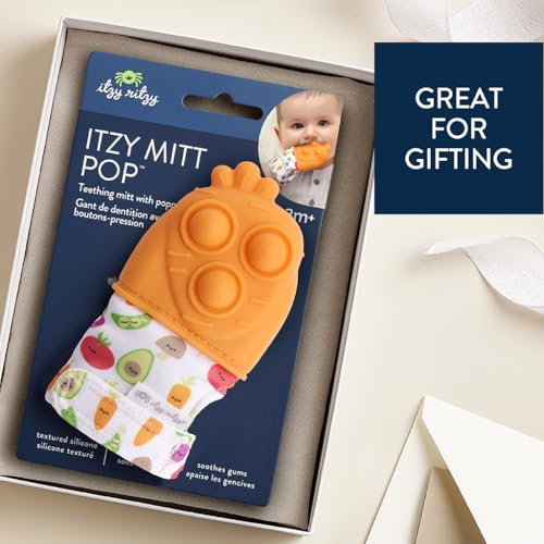 Image of Itzy Ritzy Silicone Teething Mitt - Soothing Infant Teething Mitten with Adjustable Strap, Crinkle Sound & Textured Silicone to Soothe Sore & Swollen Gums - for Ages 3 Months & Up (Carrot)