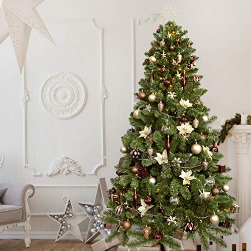 Itart 129Ct Christmas Tree Ornaments Assortment Including Tree Topper Balls Snowflakes Star Pine Cone Miniature Gift Boxes Poinsettia Beads Garlands (Red Brown And Champagne) #TOP5