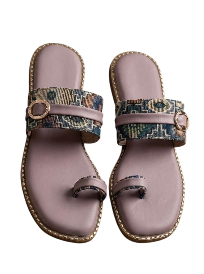 Synthetic Leather Slide Sandals for Women | Buckle Flat Sandal with Geometric Printed Broad Strap, Toe Loop & Studded Trim | Comfortable Casual Footwear for Festive Occasions (Purple)-image-12