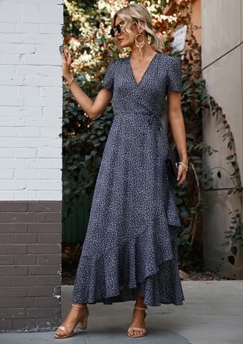PRETTYGARDEN Women's Summer Maxi Dress Casual Wrap Floral Boho Short Sleeve V Neck Split Ruffle Beach Long Dresses