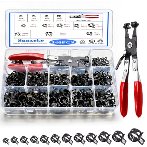 340Pcs 6-22mm Spring Band Hose Clamps Kit,12 Sizes Spring Pipe Clamps with Swivel Flat Hose Clamp Plier,Low Pressure Air Clip Strap Clamp for Silicone Vacuum Hose Clamp Fuel Line Clamps