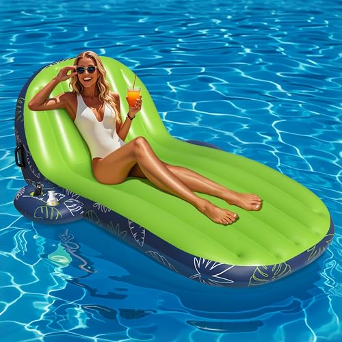 JOSEN Pool Floats Adult Heavy Duty, Inflatable Pool Lounger Float with Cup Holder and Caddy, Extra Large Pool Rafts for Adults, Tanning Pool Float Water Floaties Beach Lake Sunbathing