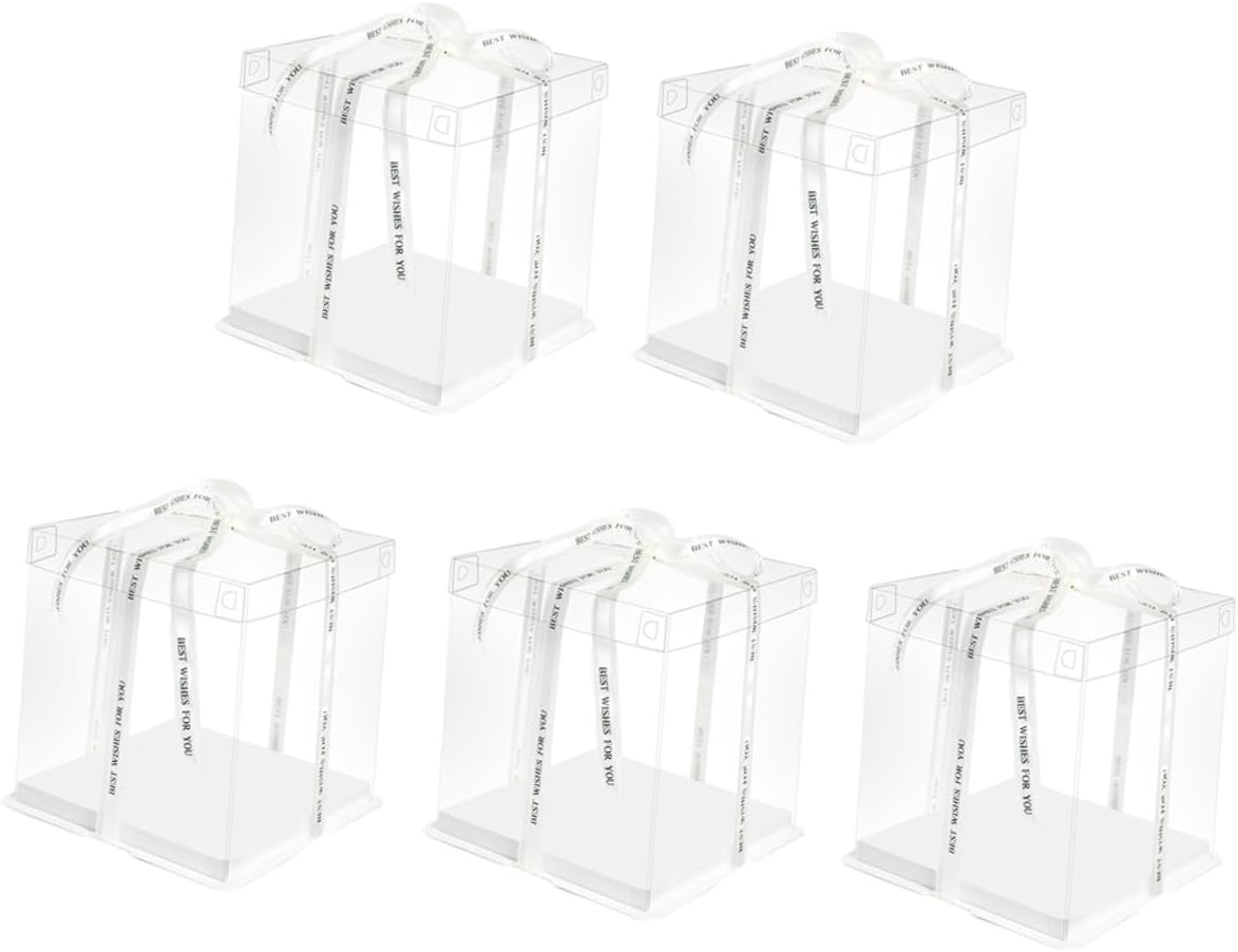 Angoily 5pcs 8-inch Cake Packaging Boxes with Ribbon Square Birthday Cake Carrier Containers Single-layer 26x26x18cm Storage and Wrapping for Parties