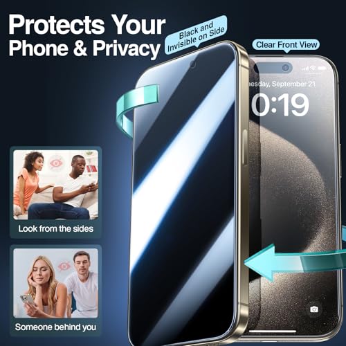 Image of SMARTDEVIL 2 Pack Privacy Screen Protector for iPhone 15 Pro, [Anti-Spy] [Military-Grade Shatterproof] [9H Hardness] Tempered Glass, [Easy Installation] Bubble-Free & Case-Friendly, Dust-Free Box