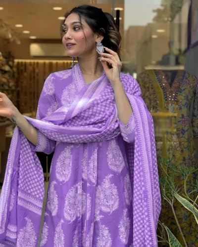 Image of PARTHVI Women's Rayon Blend Anarkali Printed Kurta with Pant & Dupatta & Dupatta