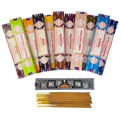 Satya Natürliche Räucherstäbchen-Sortiment - 12 Stück je 15 g - handgerollt in Indien - Aromatherapie Meditation Yoga Entspannung Stressabbau Raumduft