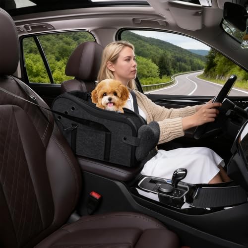 Hunde Autositz für kleine Hunde, Hundesitz Auto Mittelkonsole mit Sicherheitsgurt, Verstellbarem Weichen Kissen, Tragbarer Hundebett Auto für Kleine Haustiere