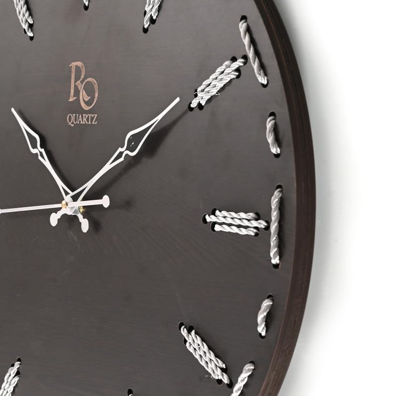 Image of Wooden Round Shape Wall Clock with Silver Hands & Silver Zari Rope Detailing | Handcrafted Silent Quartz Movement Anti Reflection Analog Vintage Clock for Home & Office (Black, 15.5 Inch)