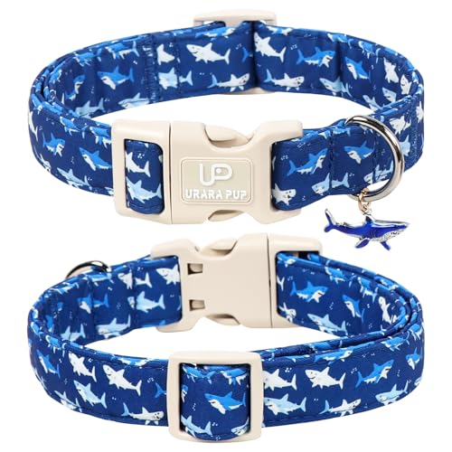 Image of Summer Dog Collar,Adjustable Cotton Shark Dog Collar with Shark Print, Cute Shark Charm Pendant and Quick Release Buckle, Soft Pet Collar for Small Medium Dogs Boys