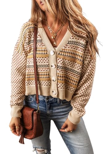 Chunky Fit Silhouette: Khaki Striped Cropped Cardigan with V-Neck