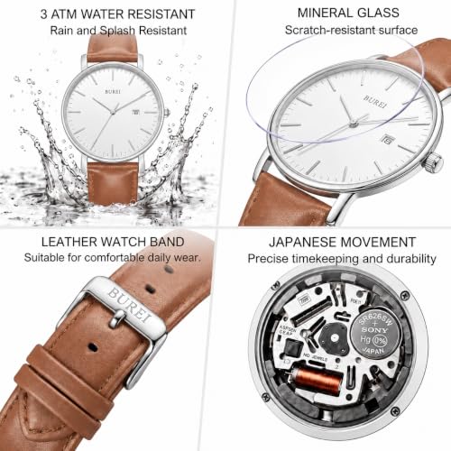 Image of BUREI Men's Fashion Minimalist Wrist Watch Analog Date with Leather Strap
