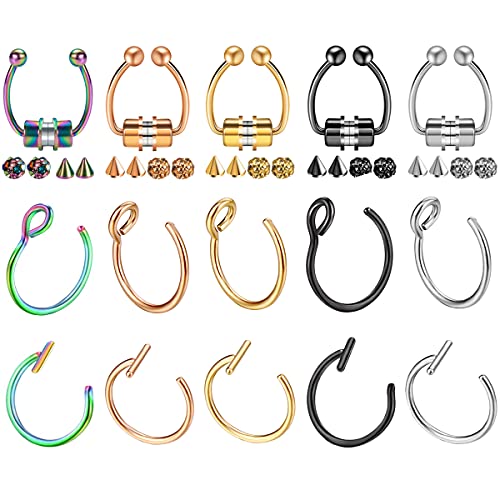 NASAMA Nose Rings Hoop Magnetic Nose Septum Ring Fake Nose Rings Clip On Nose Hoop Rings Non Piercing Stainless Steel (Mixed color-15pcs)