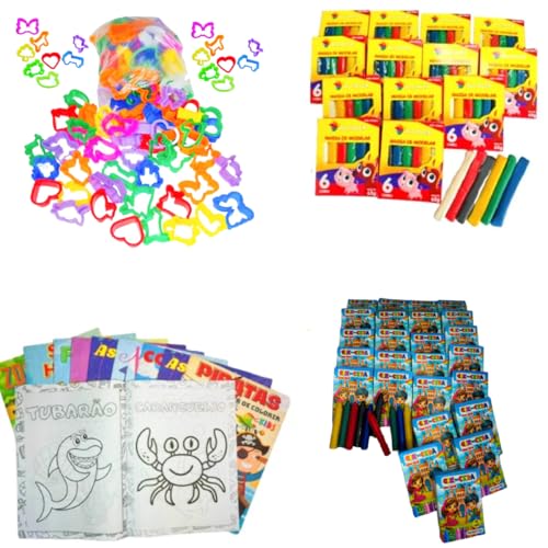 Kit 30 cx Massinha de Modelar + 30 Giz de Cera + 30 Colorir + 30 Cortador Kit Lembrancinha Infantil