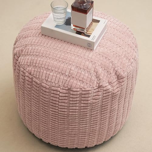 Image of Homlazeezy Round Stuffed Pouf Ottoman for Foot Rest, Storage Ottoman Pouf Foot Stool Cushion, Faux Fur Poufs with Foam Chunk Filling, 26 X 18 Inch Floor Chair for Living Room Bedroom Home Decor, Pink