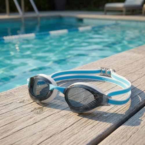 Image of BURNLAB Swimming Goggles for Everyday Pool Use, Clear Vision Lens, Easy Adjustable Strap, Unisex Adult (White plated with blue)