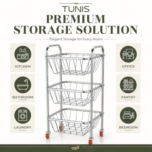 Image of TUNIS 3 Tier Stainless Steel Open Wire Trolley | Multipurpose Vegetable & Fruit Basket Rack | 360 Wheels| Strong Welded Frame| Rolling Utility Organizer for Kitchen, Pantry & Home