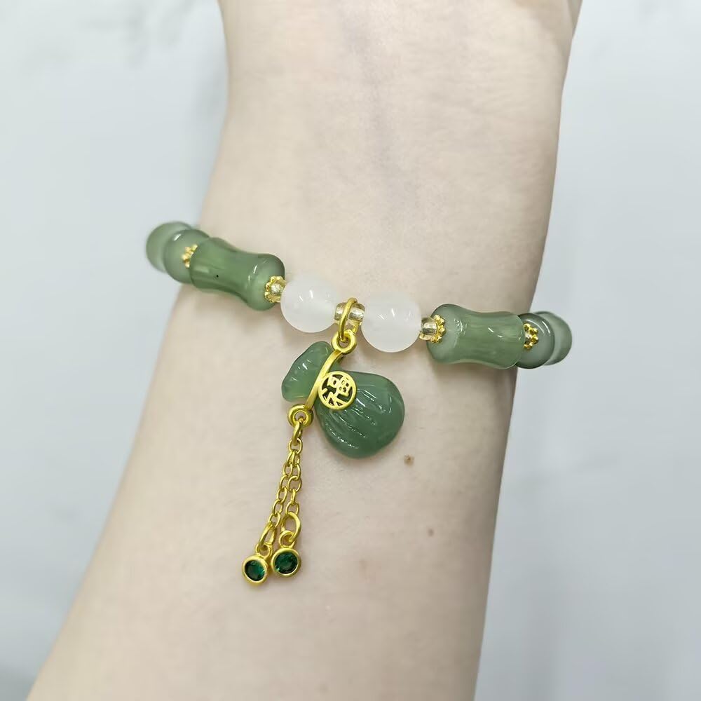 Bamboo Bracelet Jade Stones Lucky Money Bag Pendant Charm Stretch Beaded Bracelets For Women Fengshui Jewelry - Image 2