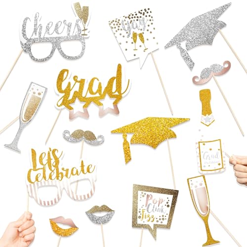 Cheerland Graduation Photo Booth Props Champagne Theme Gold and Silver Grad Party Decorations for Grad Party Photobooth Eye Glasses Wine Bottle Mustache Lips Party Decoration for Photo Background