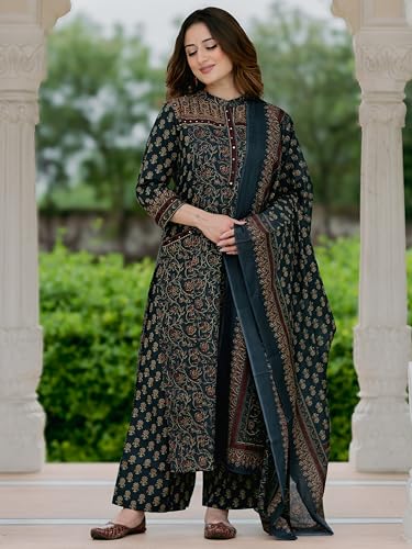 Image of Arayna Women's Cotton Printed Kurta Set with Palazzo Pants and Dupatta | Ethnic Straight Kurta