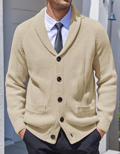 Karlywindow Mens Shawl Collar Cardigan Sweater Cable Knit Button Down Winter Chunky Sweater with Pockets2