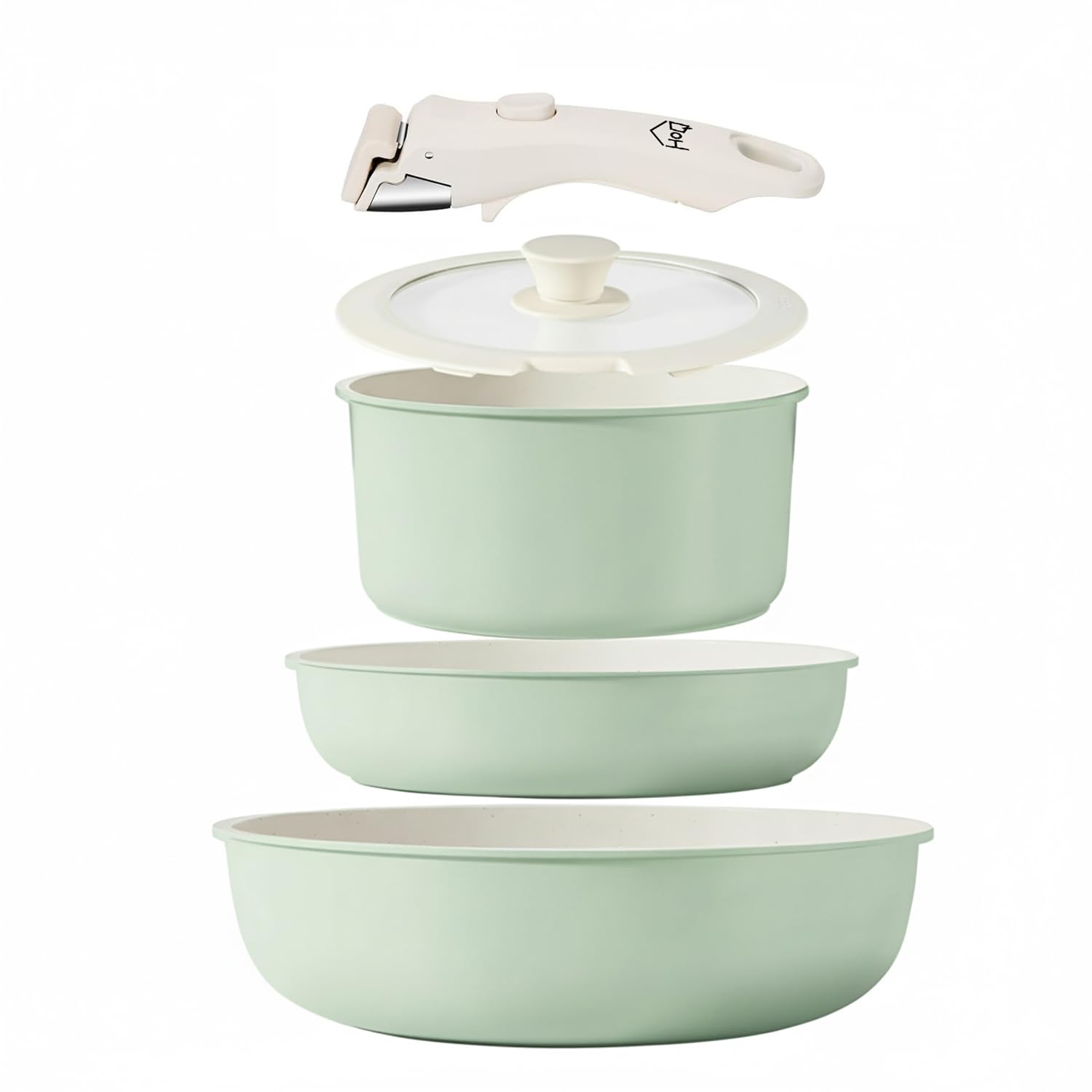 House of Quirk Maifan Stone Nonstick Cookware Set 5-Piece | Detachable Handle Pots & Pans | Stackable, Induction & Oven Safe Kitchen Set (Granite Green)-picture-23