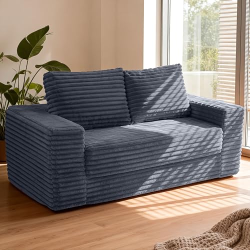 Image of HABUTWAY 62 inch Small Boneless Couch,3-in-1 Convertible Folding Sofa Bed, Corduroy Loveseat Sofa Bed w /2 Pillows for Living Room /Guest Room No Assembly Required, Dark Grey